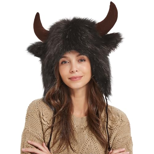 itrimaka Sombrero de cuerno de | Gorro de cuerno de felpa cálido | Sombreros de animales, gorros con orejas esponjosas, gorro peludo para hombres y mujeres para cosplay de animales, Halloween