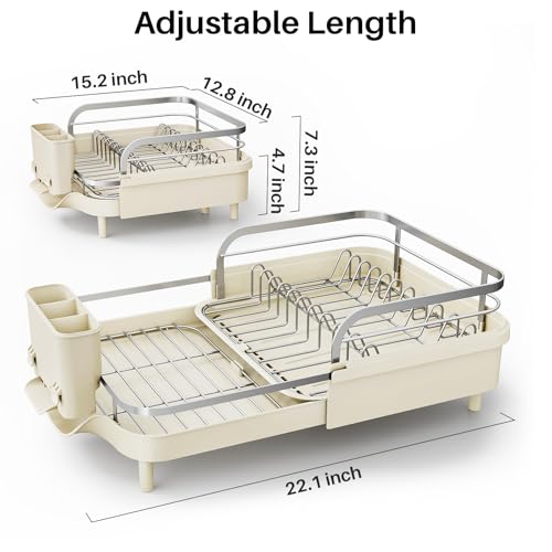 Image of SNTD Dish Drying Rack, Expandable Dish Rack for Kitchen Counter, Stainless Steel Dish Drainer with Drainboard Set and Utensil Holder (Beige)