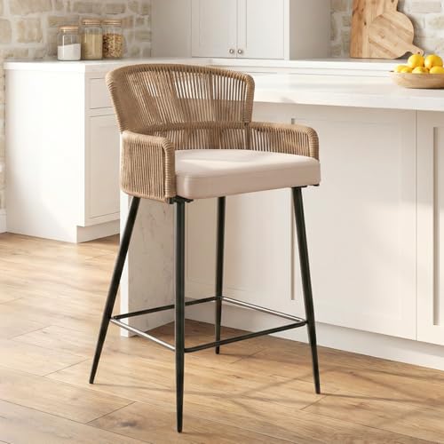 Image of HNY Farmhouse Woven Bar Stool, 26 Inch Linen Upholstered Rattan Barstool with Curved Backs, Modern Cane Counter Height Bar Chair with Metal Legs and Armrest for Kitchen Island, Beige