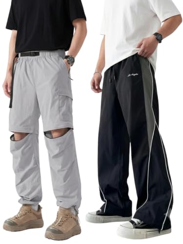 Image of GRECIILOOKS Track Pants for Men Baggy Wide Leg Korean Streetwear Trousers | Relaxed Fit Baggy Pants for Men with Drawstring Waist | Casual Oversized Lower for Travel, College & Everyday Wear