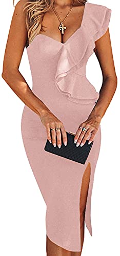 Women's One Shoulder Flounce Side Split Bandage Fashion Knee Length Club Dress (M, Beige)