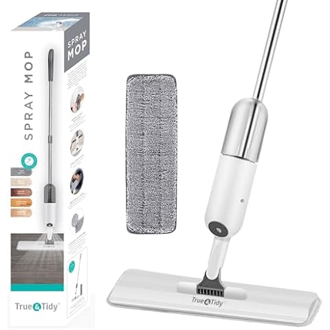 True & Tidy® SPRAY-250A Multi-Surface Spray Mop with Refillable Water Bottle, Use Any Cleaning Solution Easy to Fill and Refill with Machine Washable Mop Pad (White) Cover