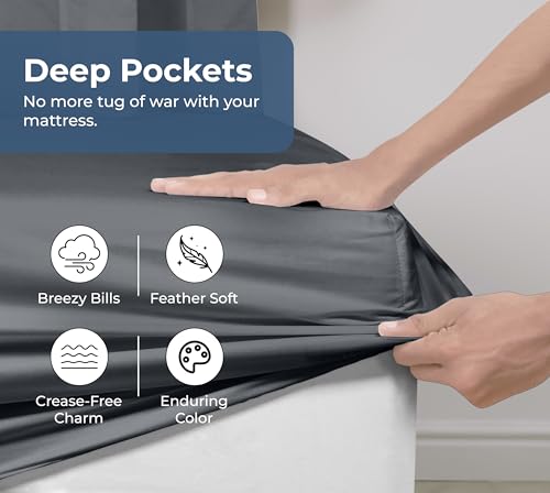 Image of Royale Linens 100% Organic Cotton Fitted Sheet - Percale Weave - Super Soft Deep Pocket Bottom Sheets - Grey Elastic Sheet Queen Size - Queen Fitted Sheets Only - (60 inchx80 inch+15 inch, Grey)