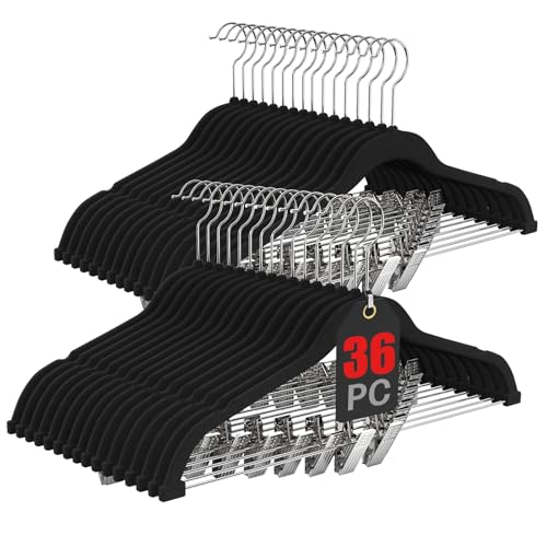 Korpai 36-Pack Black Velvet Hangers with Clips Adjustable,Adult Hangers,Outfit Hanger,Heavy-Duty,Felt,Non-Slip,Space Saving, for Pants, Skirts, Suits,Coats, Dresses ect.