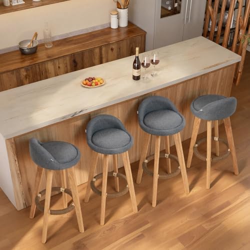 Warmiehomy Bar Stools Set of 2 with Back & Footrest, 360° Swivel Counter Height Stools, Rubber Wood Legs & Linen Fabric Seat Kitchen Island, Breakfast Bar, Home Office,Dining Room Grey - Image 6