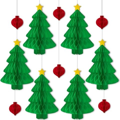 12PCS Christmas Decorations Paper Honeycomb Ornaments - Vintage 3D Tree Ball Hanging Party Decor Indoor for Ceiling, Wall, Table Centerpieces Cover