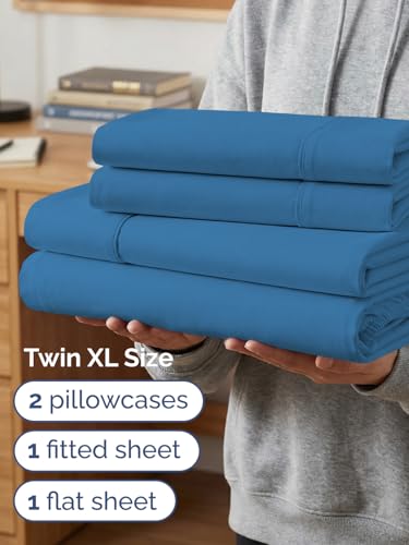 Image of Extra Deep Twin XL Sheet Set - 4 Piece Breathable & Cooling - Denim Blue | Hotel Luxury Bed Sheets Set, Easy & Secure Fit, Ultra-Soft, Wrinkle & Fade Free, Comfy Sheets Set with Extra Deep Pockets