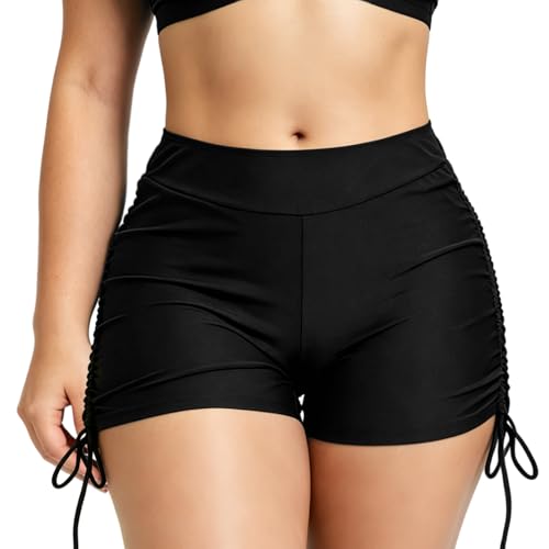 Adiwo Short de Bain pour Femme, Froncé sur Le Côté, Taille Haute Culotte Boxer à Cordon, pour Yoga Jogging Natation Plage Piscine Sport Vacances Short de Bain Femme,M