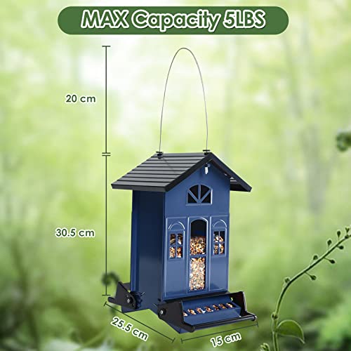 Birdkiss Squirrel Proof Bird Feeder, Metal Bird Feeders For Outdoors Hanging With Bilateral Weight-Activated Perches, 5Lbs Large Seed Capacity, Wild Birdfeeder For Outside, Garden - Navy Blue #TOP4