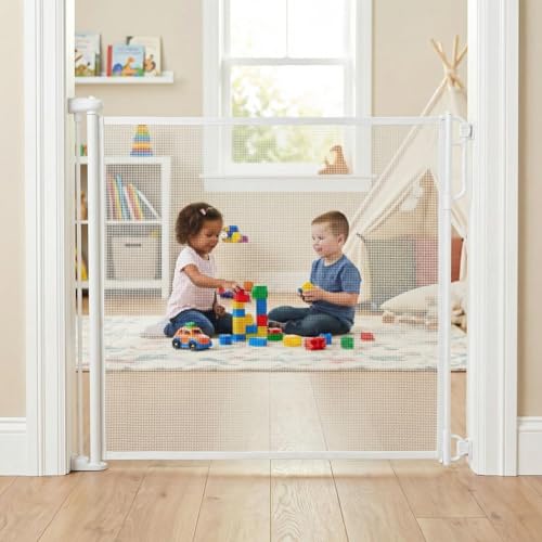 Image of Baybee Retractable Baby Safety Gate Fence for Kids & Pets | 140 cm Stretchable Mesh with Secure Childproof Lock | Foldable Drill-Mount Barrier for Door, Stairs & Kitchen (White)