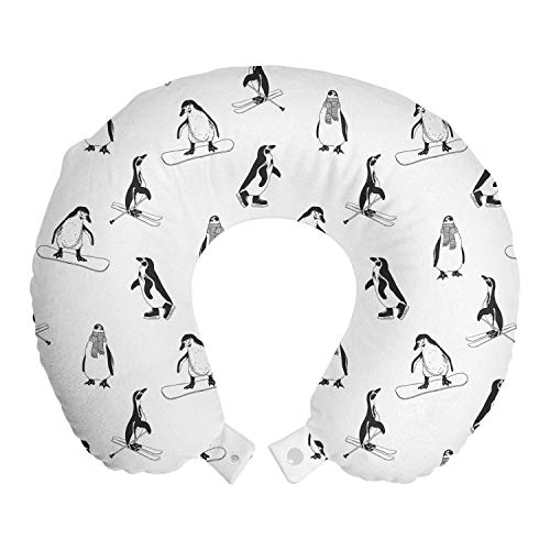 Ambesonne Penguin Travel Pillow Neck Rest, Skiing Penguins on Snowboards Winter Sports Themed Pattern Animal Bird with Scarf, Memory Foam Traveling Accessory for Airplane and Car, 12