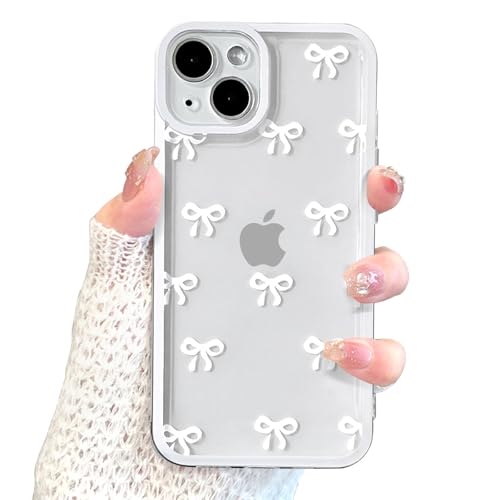 EYZUTAK Case for iPhone 15, Clear Cute Ribbon Bowknot Pattern Aesthetic Transparent Phone Case Raised Camera Protection Stylish Slim Soft Durable TPU Protective Cover for Women Girls - White