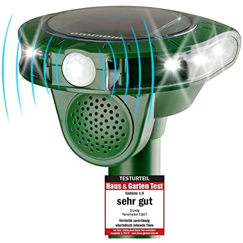 GRUNDIG Ultrasonic Solar Animal Repellent, Cat Repellent, Marten Repellent, up to 8 m Range, Motion Sensor, Weatherproof IP44, Ni-MH Battery, Frequency 13-60 kHz (Green) Cover