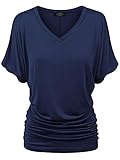 Made By Johnny MBJ WT1037 V Neck Short Sleeve Dolman Top with Side Shirring M Navy