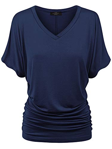 Made By Johnny MBJ WT1037 V Neck Short Sleeve Dolman Top with Side Shirring M Navy