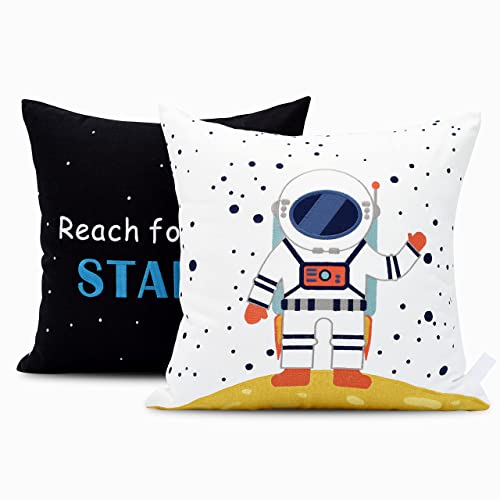 Melody Art Double-Side Personalizable Embroidery Astronaut Mars Stars Space Themed White Celestial Pillow Throw Cover 18"X18" With Quote Dream Big For Nursery Boy Girl Teen Kids Room Bed Decoration #TOP5