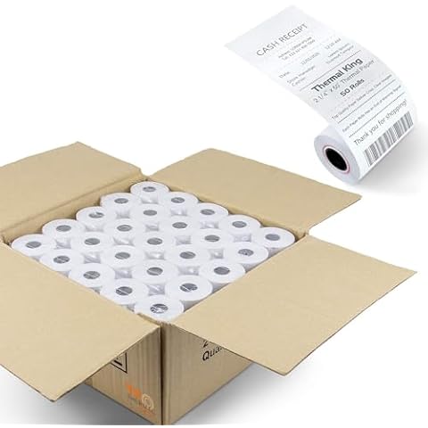 TK Thermal King, (50 Rolls) 2 1/4" 50' feet White Paper Cash Register POS Receipt, Fits All Credit Card Terminal Great For Cashier Receipt Small Business Premium Quality Cover