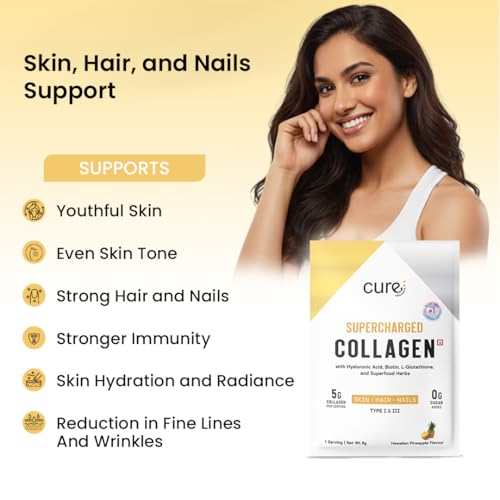 Image of Supercharged Collagen Powder Pack of 5 x 8g | Type I and III Collagen Peptides with Biotin L-Glutathione Sea Buckthorn | Skin Hair Nails Support | Pineapple | Men and Women