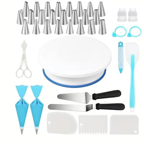 39-Piece Cake Turntable Leveler Rotating Stand with Non-Slip Pad, Icing Tips, Bags, and Spatula Set for Decorating and Baking
