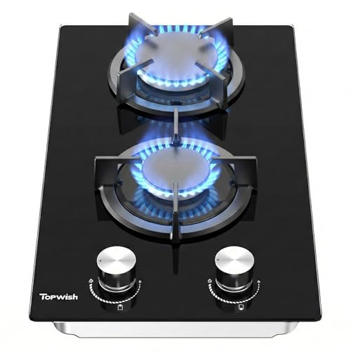 TOPWISH placa de gas butano, placa de gas 2 fuegos, NG/LPG convertible, válvulas de seguridad, encendido automático, 30cm, 4750W