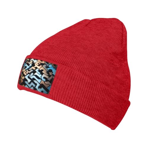 MDATT Gorro de punto con patrón de rompecabezas para hombres y mujeres, sombreros de invierno para mujeres y hombres, gorro de punto unisex suave y cálido, rosso, Talla única