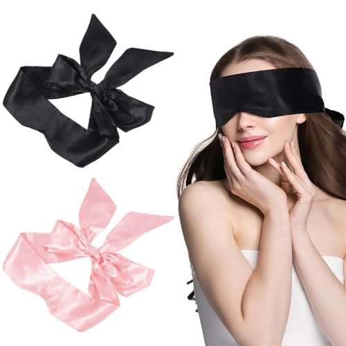 2Pcs Satin Eye Mask Sleep Mask Adjustable Blindfold Soft Satin Eye Covers Gift for Travel Nap Meditation 157cm/62inch (Black+Pink Upgrade)
