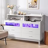 WHDQPX White Dresser for Bedroom,6 Drawer Dresser with LED Light & Charging Station,Chest of Drawer with 2 Tempered Glass Drawer,Dresser Bedroom Furniture,Wood TV Stand Dresser for Living Room