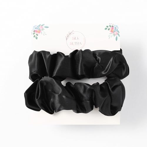 Silk Sutra Hair Scrunchies for Frizz Prevention 22 Momme 100% Mulberry Silk Hair Ties for Breakage Prevention Elastic ponytail Holders (Black (Large 2pcs))