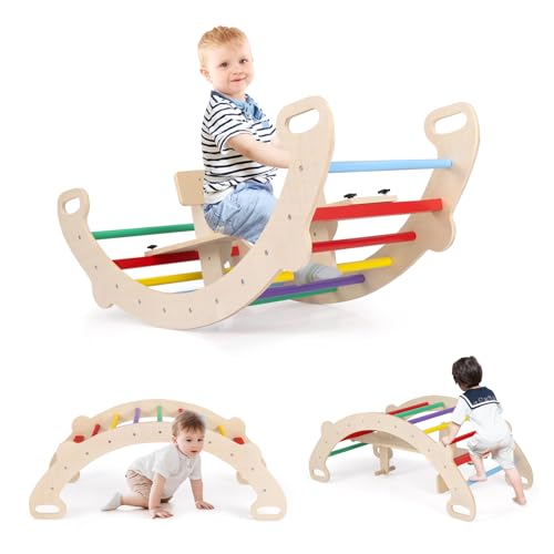 COSTWAY Kletterbogen, mit abnehmbarem Sitz, 4 in 1 Klettergerüst Indoor zum Wippen, Schaukeln, Klettern und Krabbeln, Kletterdreieck Holz, Bogenwippe für Kinder ab 1 Jahre, Sitzhöhe 23,5cm (Bunt)