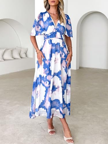 Image of Flessibili Womens Short Sleeve Floral Maxi Dresses 2026 Spring Wedding Guest Party Summer Dress Blue White Large