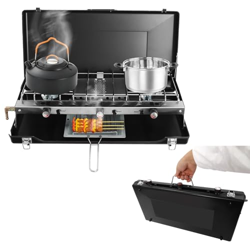Hornillo de Gas para Camping - 3 Fuegos Con Tapa, 4500 W, Propano a 37 mbar, Butano a 28-30 mbar, Horno Plegable Portátil, Encendido Piezoeléctrico, para Barbacoas y Fiestas