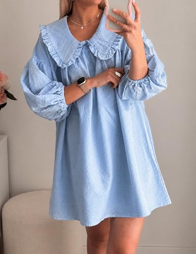 Image of Ynhonra Women's Gingham Mini Dress 3 /4 Puff Sleeve Babydoll Doll Collar