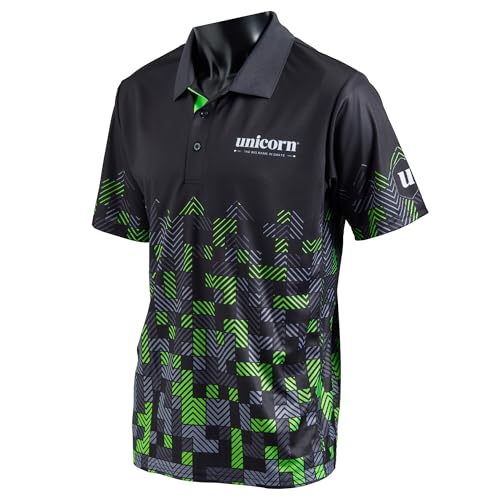 Unicorn Darts Shirt | Pro-Tech Digital | Cool Breathable Soft-Feel Micro Mesh 3-Tuk Polyester | Black & Green with White Text to Chest and Logo to Left Sleeve | Large to fit Chest 41-43 inches