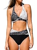 CUPSHE Damen Bikini Set Neckholder V Ausschnitt High Waist Bademode Crossover Raffungen Tropical Print Zweiteiliger Badeanzug Swimsuit Schwarz/Weiß S