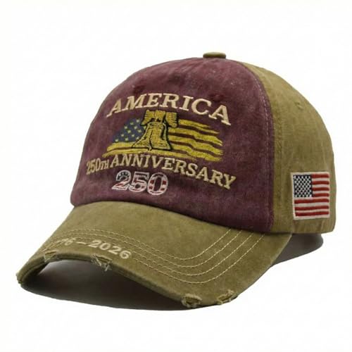 USA 250th Anniversary Hat, Adjustable 250th Anniversary Printed Patriotic Baseball Caps, Tribute Retro Washed Hat
