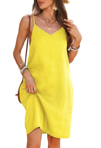 Image of Women's 100% Linen Dress Spaghetti Strap Adjustable Strap V Neck Sleeveless Sundress Summer 2026 Beach Vacation