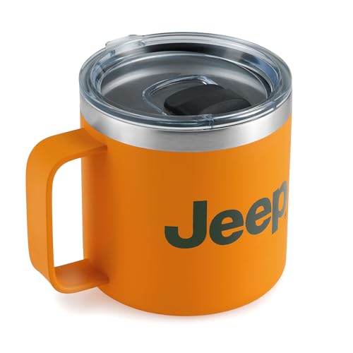 Jeep Stainless Steel Camper Mug 14oz with FREE Sticker Pack - Double Wall Copper Insulated for Hot & Cold Drinks, Powder Coated, Splash Resistant Lid (Orange)