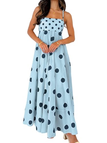 Seyumixi Women Polka Dot Maxi Dress Spaghetti Strap A Line Smocked Long Dress Flowy Floral Boho Summer Dresses(Dots Blue,S)