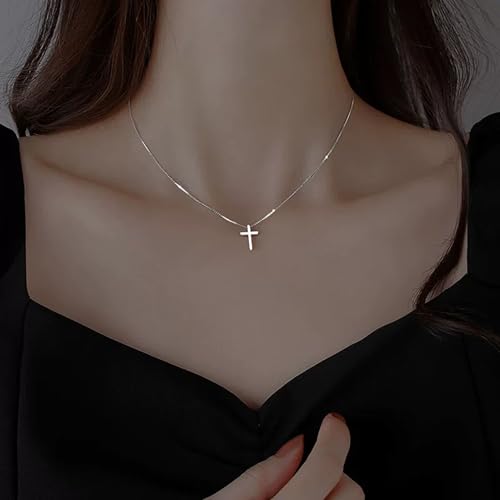 Tiny Mini Cross Necklace, Silver Shiny Choker Pendant Box Chain for Women2