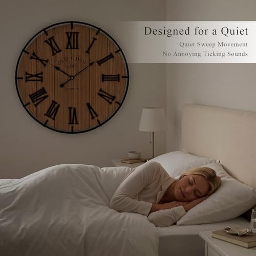 Image of EMAX HOME Inch Large Farmhouse Wall Clock, 3D Raised Roman Numerals on Wooden Background, Silent Quartz Movement, Black Metal Frame for Easy Reading in Entryway, Hallway, or Dining Room