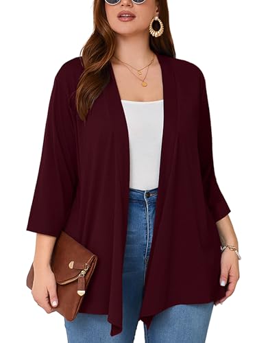 Image of AusLook Women's Plus Size Lightweight Open Front Cardigan 3 /4 Sleeve Cover Ups Shrugs Shawls and Wraps Kimono Jacket Coat