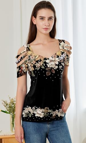 SAUKOLE Summer Women Cold Shoulder Tops Casual Loose Hollow Out Short Sleeve T Shirt Sexy V Neck Tops Blouses3