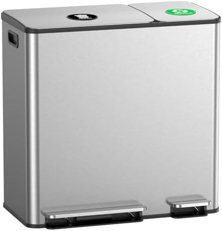 Lovewind Dual Trash and Recycling Bins for Kitchen, 13+6 Gallon Stainless Steel Garbage and Recycle Bin Combo for Large Families, Dual Trash Can with Soft Close Lid & Magnetic Stickers, Silver