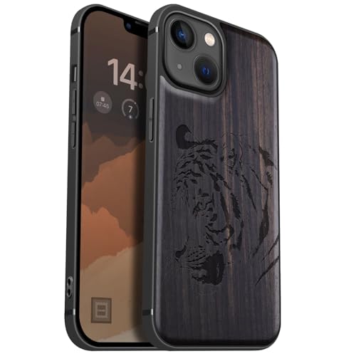 Étui magnétique iPhone 13 en bois de tigre idéal pour le quotidien et les sorties