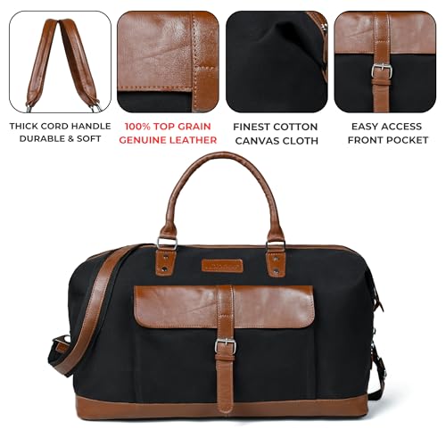 Image of Genuine Leather Large 40L Canvas Weekender Travel Duffle Cabin Bag with Detachable Shoulder Strap for Men and Women Overnight Sling Bag (Black)
