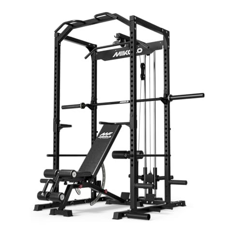 Image of Mikolo F4 2.0 Power Cage with Dual-Track Smooth Pulley System, 1200LBS Power Rack with Leg Hold-Down for Heavy LAT Pulldowns (Black, F4 2.0 Package)