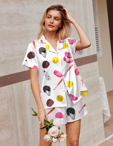 Image of Ekouaer Silk Satin Pajamas 2 Piece Pajamas for Women Set Button Down PJ Short Sleeve and Shorts Pjs Lounge Sets