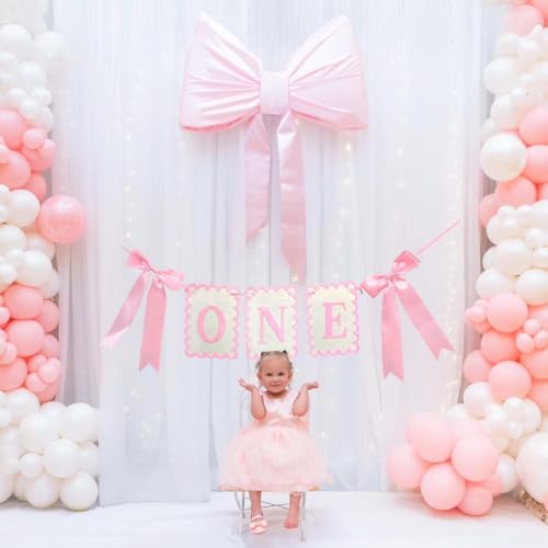 Image of Pink and White Bow ONE High Chair Banner and Cake Topper Sweet Pink Bow Highchair Garland One Happy Birthday Highchair Photo Prop