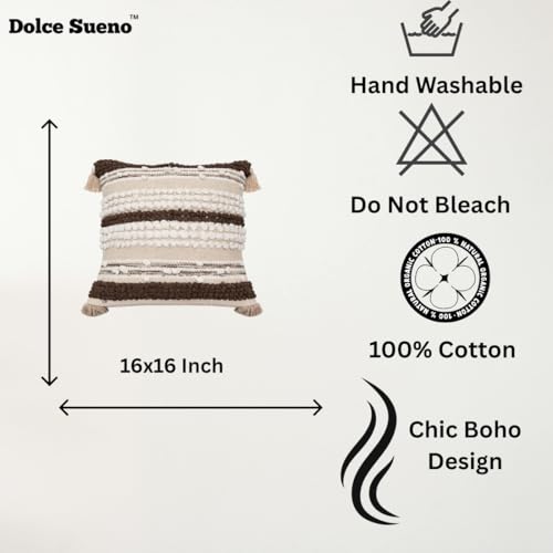 Image of Boho Design Cushion Cover with Tassels, Textured Decorative Throw Pillow Cover, Beige White Brown, 16x16 Inch