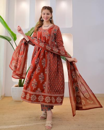 Image of Nermosa Women's Printed Anarkali Kurta and Palazzo Pant Set with Dupatta